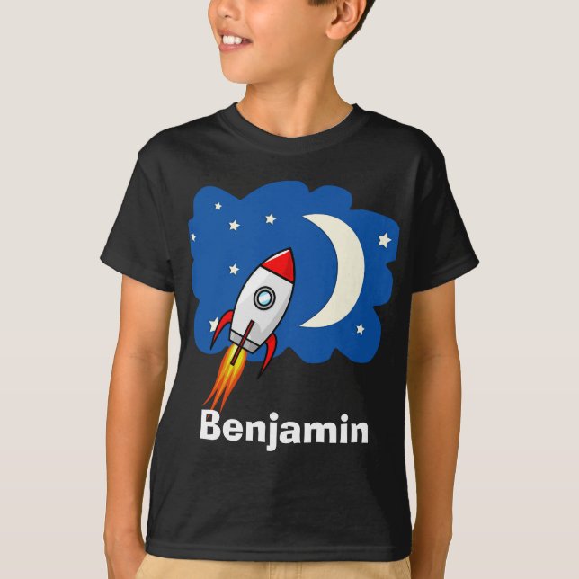 Boys Colourful Rocket Ship Space Galaxy and Name T-Shirt (Front)