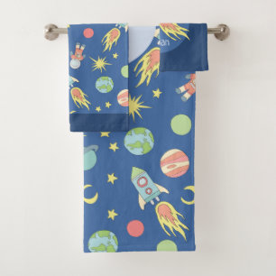 Boys Colourful Rocket Ship Space Pattern and Name Bath Towel Set