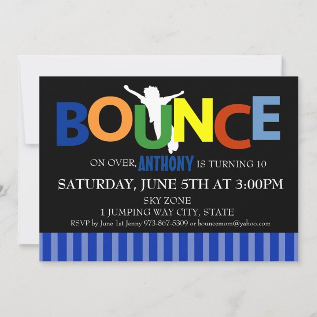 Boys Colourful Trampoline Bounce Party Invitation (Front)