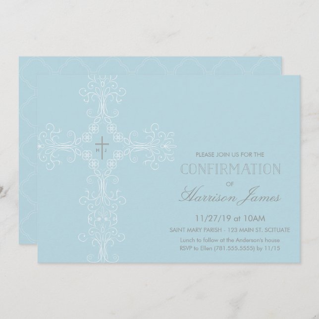 Boy's Confirmation Invitation with Cross, Initials (Front/Back)