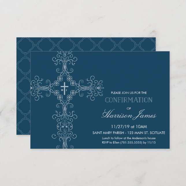 Boy's Confirmation Invitation with Cross, Initials (Front/Back)