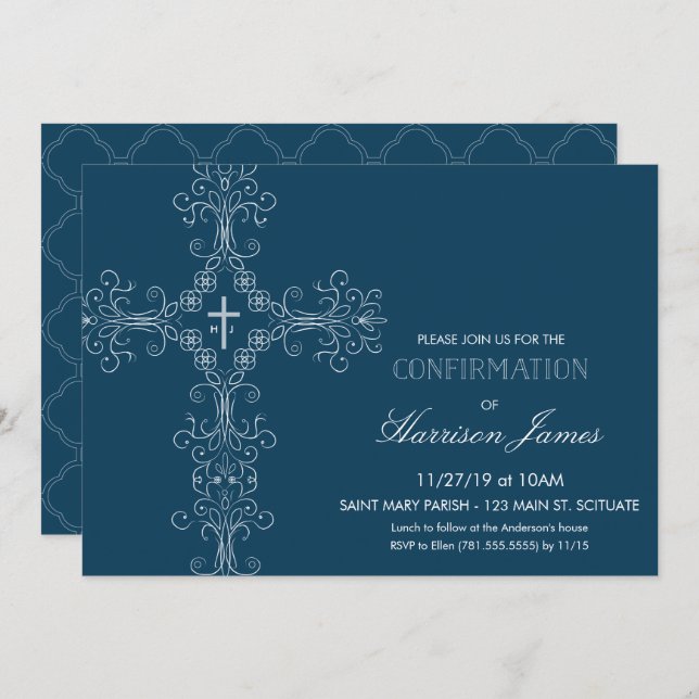 Boy's Confirmation Invitation with Cross, Monogram (Front/Back)