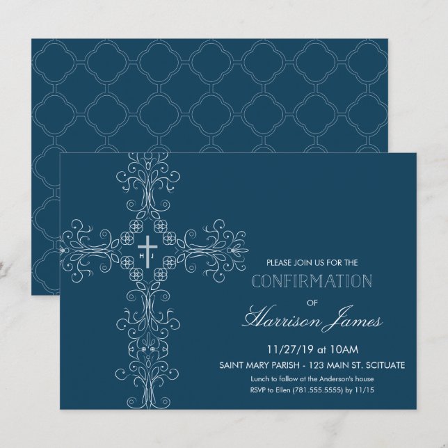 Boy's Confirmation Invitation with Cross, Monogram (Front/Back)