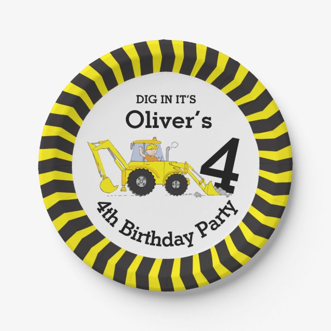 Boys construction 4th birthday customized plate (Front)