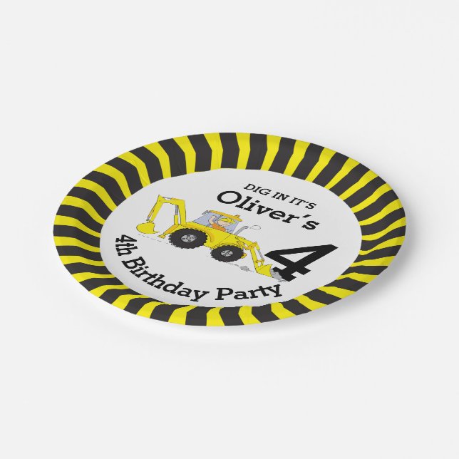 Boys construction 4th birthday customized plate (Angled)