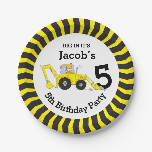 Boys construction birthday customized paper plate (Front)