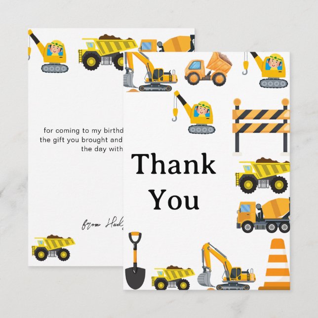 Boys Construction Birthday Party Theme Thank You Card (Front/Back)