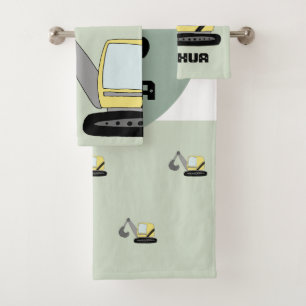 Boys Construction Digger Excavator and Name Kids Bath Towel Set