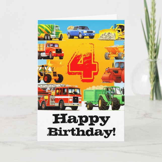 Boy's Construction Truck 4th Happy Birthday Card (Front)