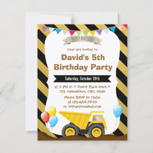 Boys Construction Truck Birthday Party Invitations
