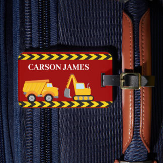 Boys Construction Trucks Personalized Red Kids Luggage Tag