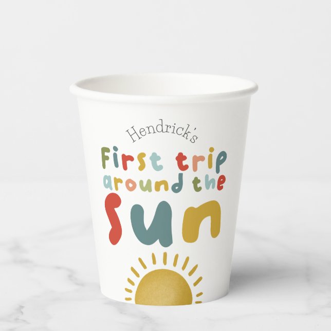 Boys Cool 1st Trip Around The Sun Summer Birthday Paper Cups (Front)