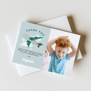 Boys Cool Blue Airplane Travel Birthday Photo Thank You Card