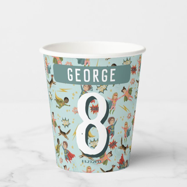 Boys Cool Blue Comic Book Superhero Kids Birthday Paper Cups (Front)