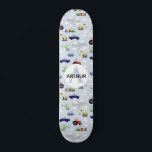 Boys Cool Blue Modern Transport Car Pattern Kids Skateboard<br><div class="desc">This modern and cool kids skateboard design features acad transport pattern,  with cars,  airplanes,  helicopters and diggers on a blue background,  and can be personalized with your boys name and monogram. The perfect gift for any skateboard enthusiast.</div>