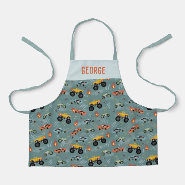 Boys Cool Blue Racing Car Kids Apron (Front)