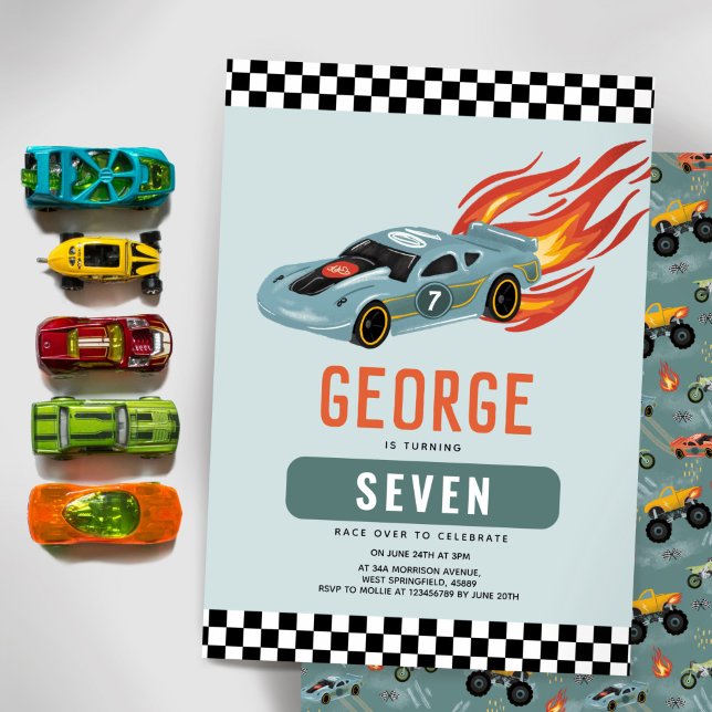 Boys Cool Blue Racing Car Kids Birthday Invitation (Creator Uploaded)