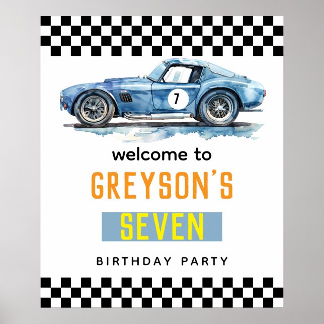 Boys Cool Blue Racing Car Kids Birthday  Poster (Front)
