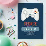 Boys Cool Blue Video Game Kids Birthday Invitation<br><div class="desc">This modern and cool boys 8th birthday invitation design features a gaming design, with a game controller, trophy, headset, and stars, with a dark blue background, and can be personalized with the parent's names and other details necessary for your party. Set as an eighth birthday invite, but easy to edit....</div>