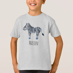 Boy's Cool Blue Watercolor Zebra Safari with Name T-Shirt