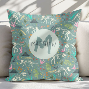 Boys Cool Dinosaur Fossil Pattern Monogram Kids Throw Pillow