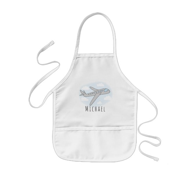 Boy's Cool Doodle Airplane Sky & Name Kids Apron (Front)