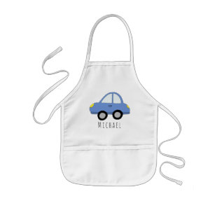 Boy's Cool Doodle Blue Car Vehicle & Name Kids Apron