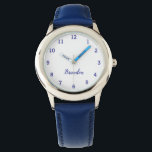 Boys Cool Modern Blue Stylish Custom Name Kids Watch<br><div class="desc">Make every moment special with our Custom Kids Name Watch! This personalized timepiece is perfect for children of all ages, featuring their name printed boldly on the face of the watch. Available in vibrant colours and fun designs, this watch makes learning to tell time both stylish and exciting. Crafted with...</div>
