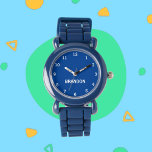 Boys Cool Modern Blue Stylish Custom Name Kids Watch<br><div class="desc">Make every moment special with our Custom Kids Name Watch! This personalized timepiece is perfect for children of all ages, featuring their name printed boldly on the face of the watch. Available in vibrant colours and fun designs, this watch makes learning to tell time both stylish and exciting. Crafted with...</div>
