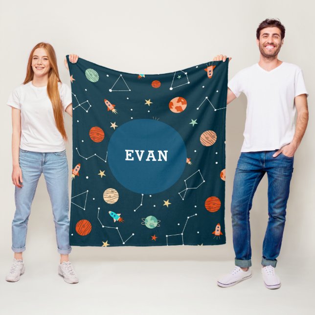 Boys Cool Outer Space Planets Rockets Personalized Fleece Blanket (In Situ)