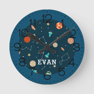 Boys Cool Outer Space Planets Rockets Personalized Round Clock