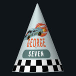 Boys Cool Racing Car Kids Birthday Party Hat<br><div class="desc">This modern and cool boys 7th birthday party hat design features a car with wheels and hot flames. The hats can be personalized with a name and age. Set as a seventh birthday design,  but easy to edit. The perfect addition to your hot car party!</div>