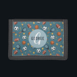 Boys Cool Sports Monogram Kids Trifold Wallet<br><div class="desc">This cool and modern kid's monogram wallet design features a sports illustration pattern,  with a football,  soccer ball,  basketball,  tennis racket,  and trophies,  and can be personalized with your boy's name and initial in sporty typography. The perfect monogrammed gift for any sports lover!</div>