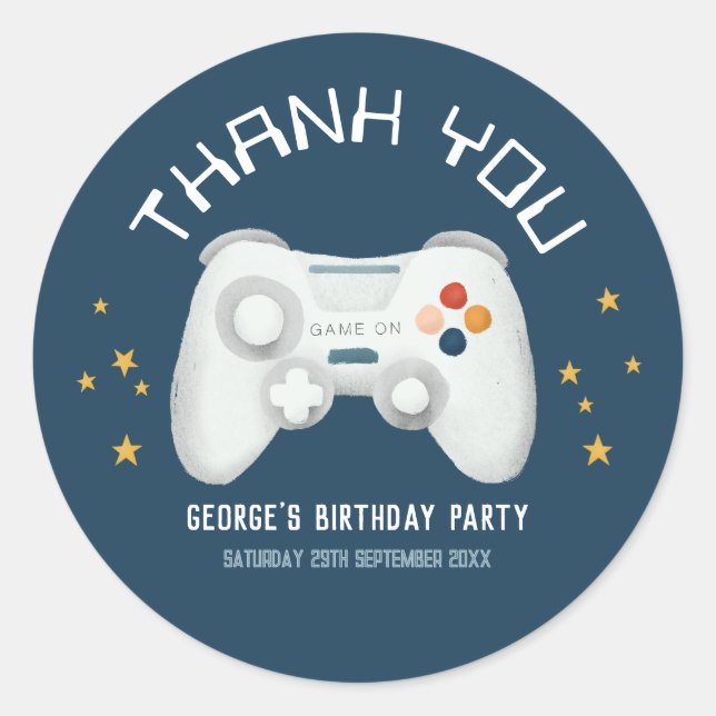 Boys Cool Video Game Thank You Kids Birthday Classic Round Sticker (Front)