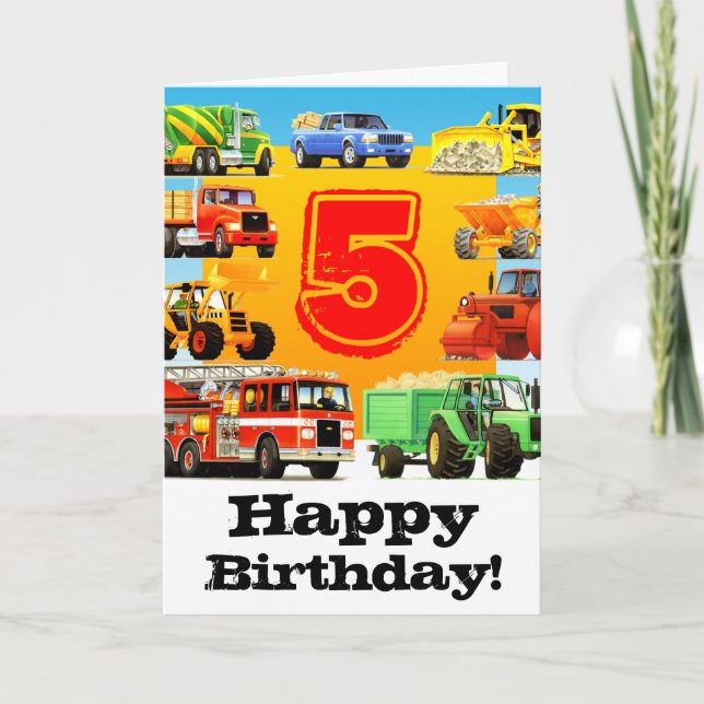 Boy's Custom Construction Truck Happy 5th Birthday Card (Front)