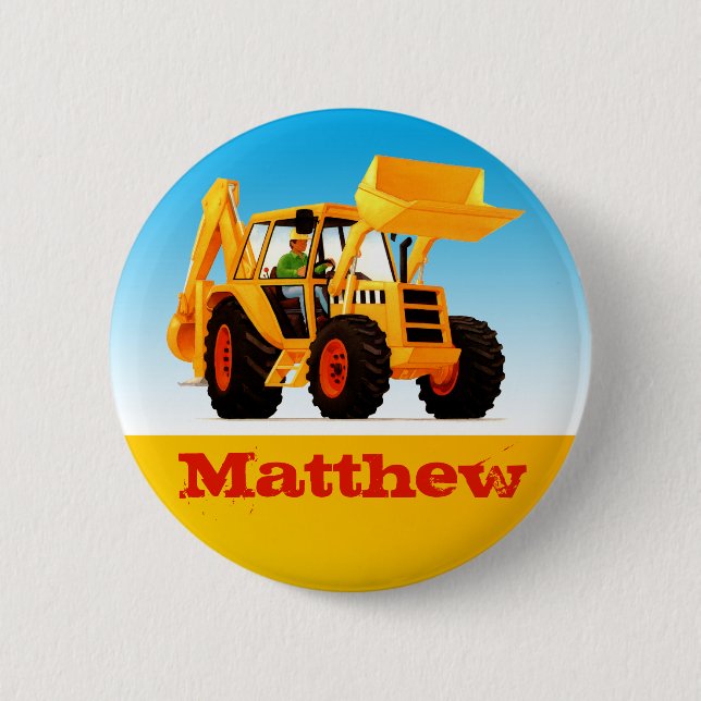 Boys Custom Name Construction Yellow Digger 2 Inch Round Button (Front)