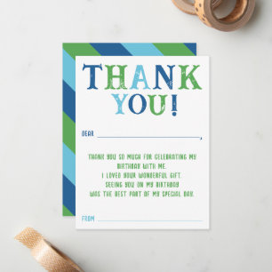 Boys Custom Striped Fill In Birthday Thank You Card