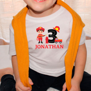 Boys Cute 3rd Birthday Fireman Firetruck Name Toddler T-shirt