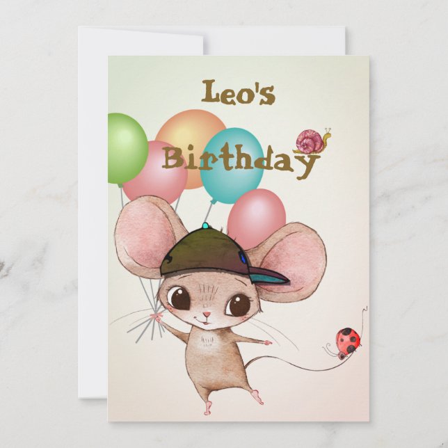 Boys Cute Age Mouse Ladybug Balloons Birthday Invitation (Back)