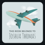 Boys Cute Airplane Travel Kids School Bookplate Square Sticker<br><div class="desc">This beautiful boy's 'this book belongs' bookplate design features a modern blue airplane,  and has place for you to add your kids name in lovely typography. Perfect for your child's back to school supplies. Check out the rest of our collection for other cute transport kids items.</div>