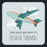 Boys Cute Airplane Travel Kids School Bookplate Square Sticker<br><div class="desc">This beautiful boy's 'this book belongs' bookplate design features a modern blue airplane,  and has place for you to add your kids name in lovely typography. Perfect for your child's back to school supplies. Check out the rest of our collection for other cute transport kids items.</div>