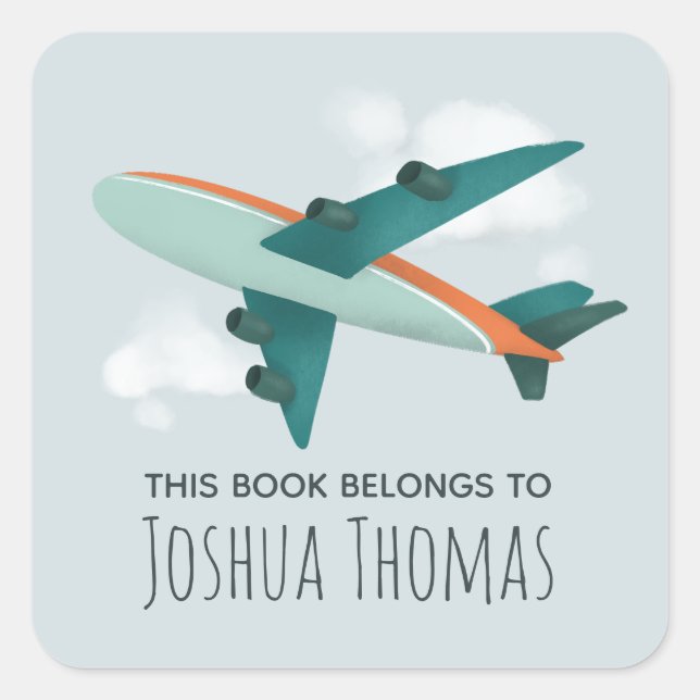 Boys Cute Airplane Travel Kids School Bookplate Square Sticker (Front)
