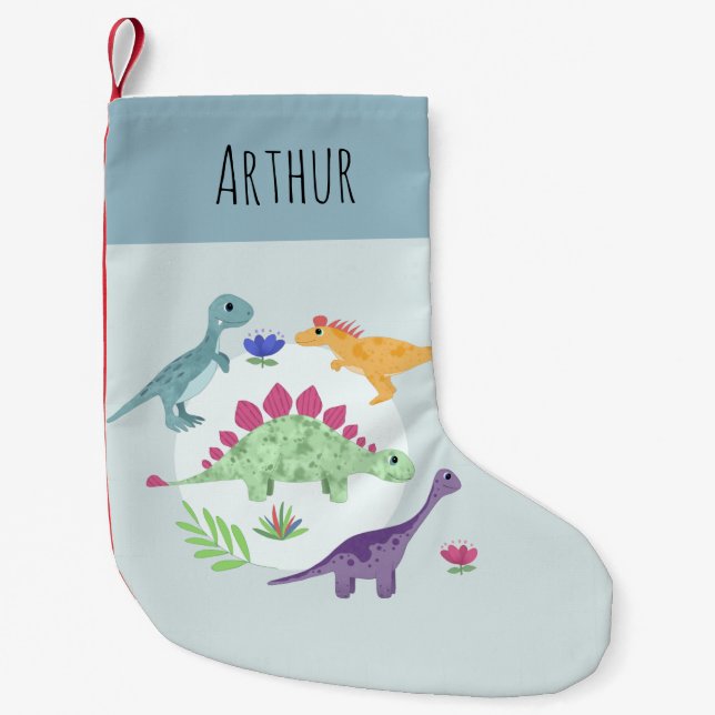 Boys Cute and Fun Blue T-Rex Dinosaur Kids Small Christmas Stocking (Front)