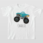 Boys Cute and Modern Blue Truck T-Shirt<br><div class="desc">This cute and modern kids shirt features a blue truck cartoon with oversized wheels. There is also space on the shirt to add you own customization: a name in whimsical typography. The perfect transport gift for any child or jeep enthusiast!</div>