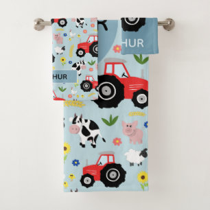 Boys Cute and Modern Farm Animal Pattern Name Kids Bath Towel Set