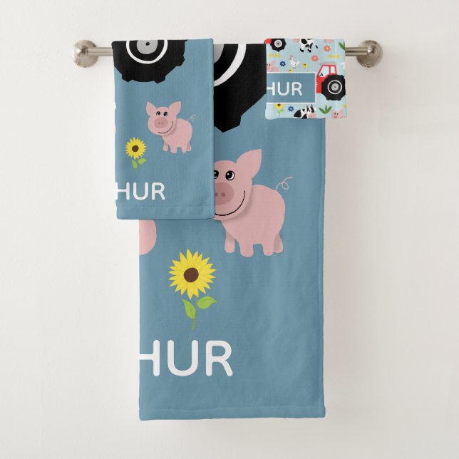 Boys Cute and Modern Farm Tractor and Name Kids Bath Towel Set (Insitu)