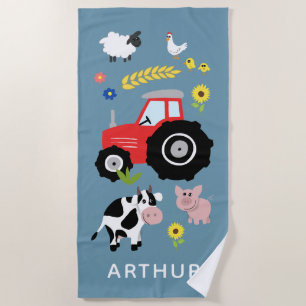Boys Cute and Modern Farm Tractor Kids Beach Towel