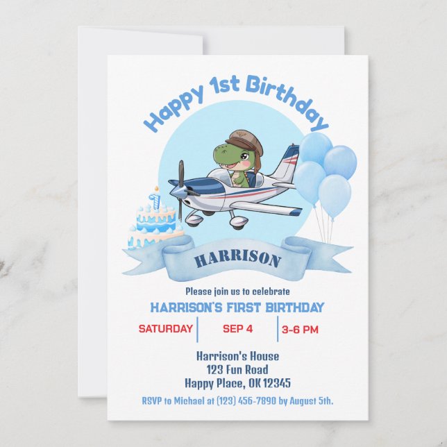 Boys Cute Blue Airplane Dinosaur Kids 1st Birthday Invitation (Front)