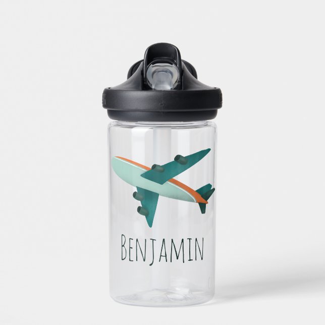 Boys Cute Blue Airplane Kids Travel Water Bottle (Front)