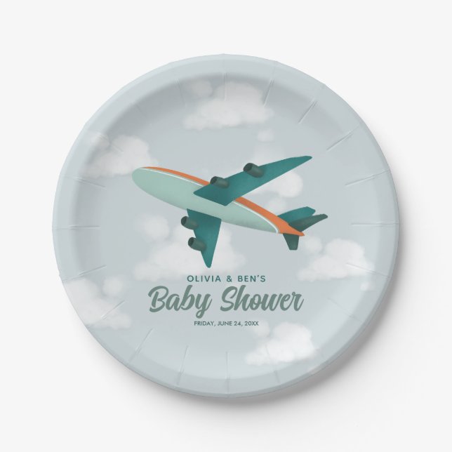 Boys Cute Blue Airplane Travel Baby Shower Paper Plate (Front)